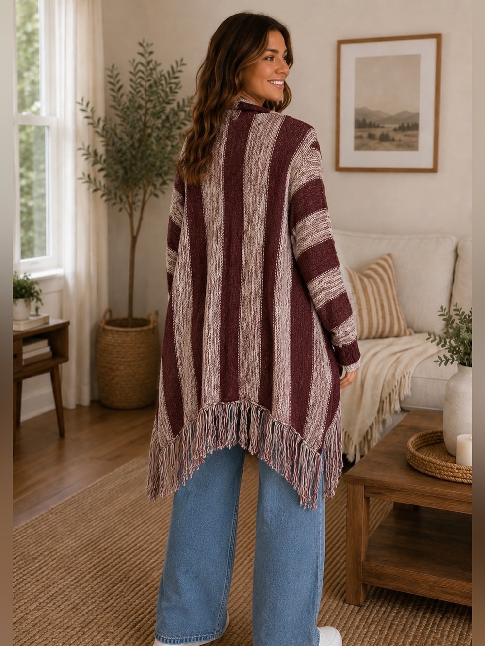 Striped Burgundy Open-Front Sweater